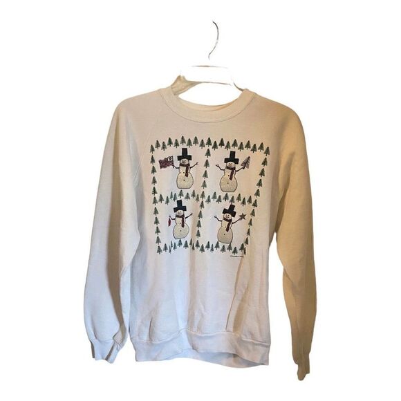 VTG 1992 Jerzees Christmas Holiday Snowman White Sweatshirt Size Large Crewneck - Picture 1 of 12